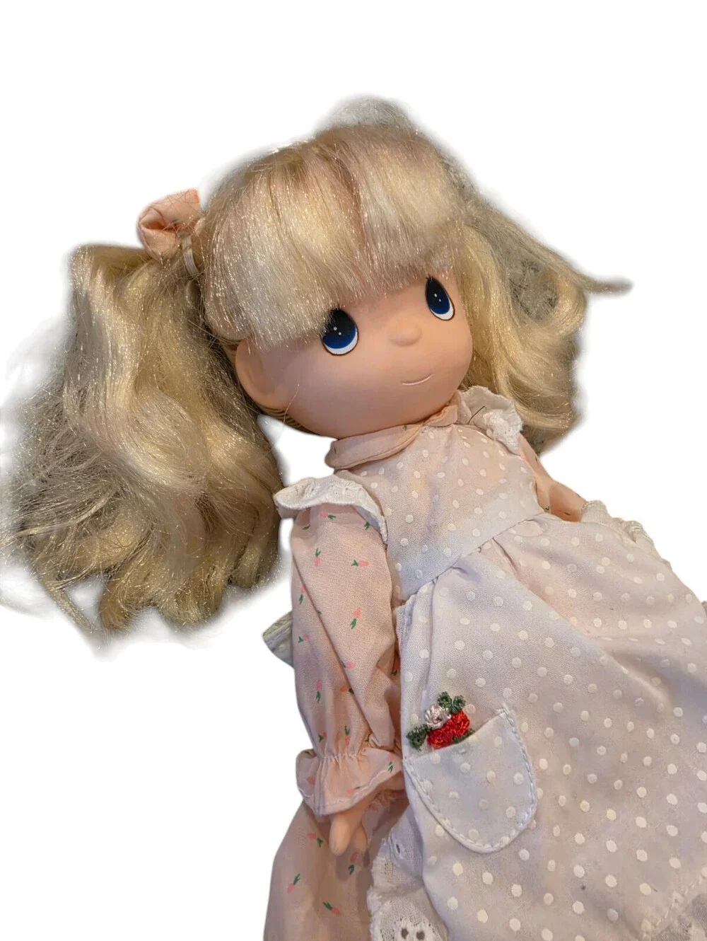 Vintage 1980s Precious Moments Rubber Baby Doll w/ Yellow Dress Blonde